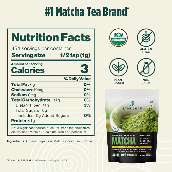 Jade Leaf Matcha Organic Culinary Grade Matcha Powder - Japanese Green tea for Baking, Smoothies, Lattes, and Skin Care, 454g / 16 Ounce Bulk Pouch (Pack of 1)