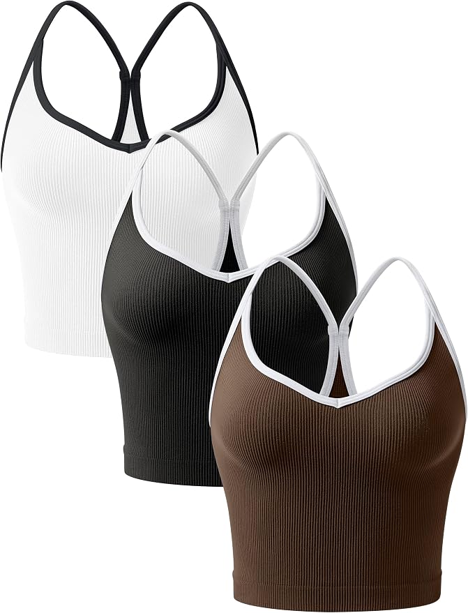OLCHEE Womens 3PK Crop Tank Tops Seamless Ribbed Sweetheart Neck Racerback Spaghetti Straps Contrast Trim Workout Yoga Cami