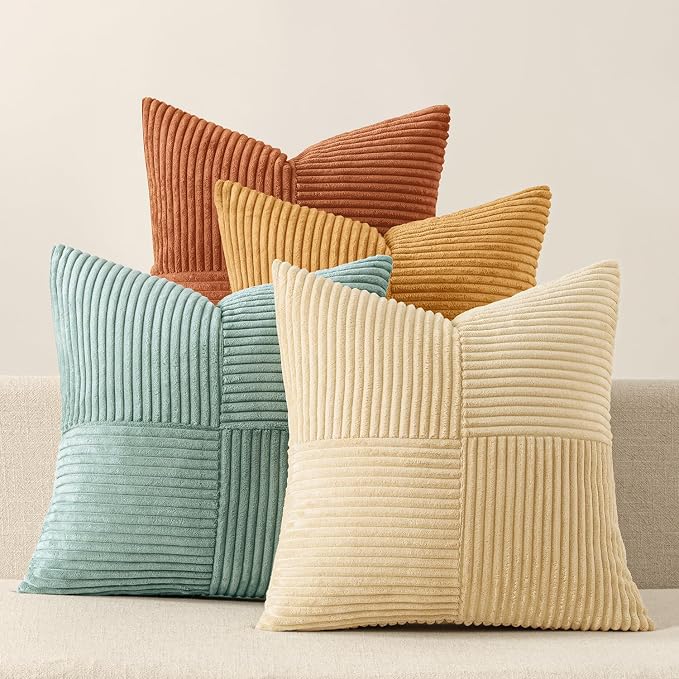 MIULEE Fall Boho Farmhouse Decorative Throw Pillow Covers 18x18 Inch 4 Packs Soft Vintage Pillow Cases Modern Corduroy Patchwork Cushion Covers for Couch Sofa Bed Home Decor, Teal-Rust