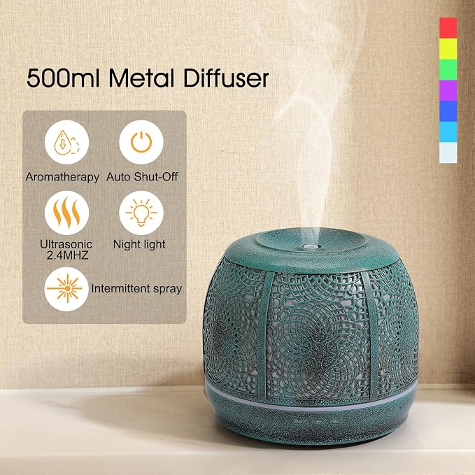 Large Essential Oil Aromatherapy Diffuser for Home Bedroom Metal Hollow Decorative Room Ultrasonic Air Scent Mist Aroma Diffuser 500ML Defusers -Green Copper