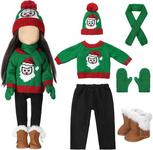 6 Pcs Christmas 18 Inch Doll Clothes and Accessories Winter Outfits Set Sweaters Trousers Hats Shoes for 18 Inch Doll Gift(Green and Red,Santa Claus)