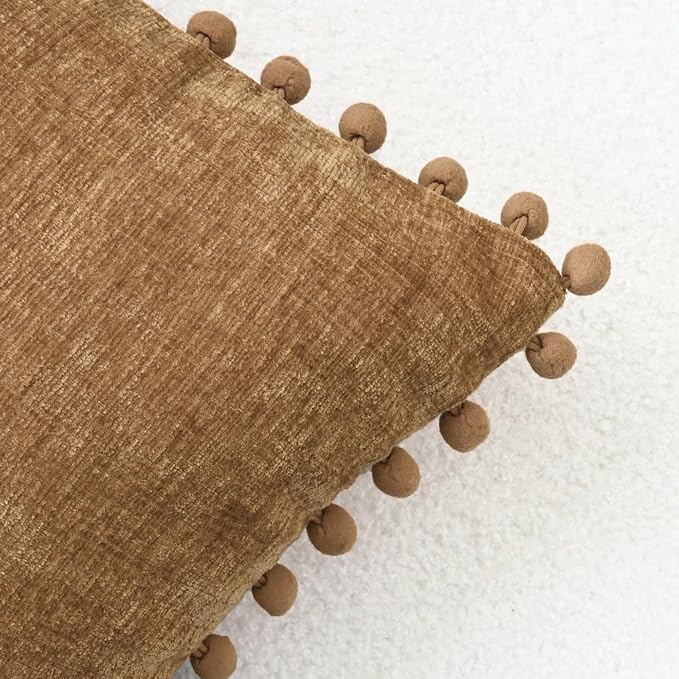 CaliTime Decorative Couch Throw Pillow Covers 18 X 18 Inches Apricot Brown | Pack of 2, Cozy Chenille Cushion Cases, with Pom Poms for Sofa Bed Living Room Farmhouse Home