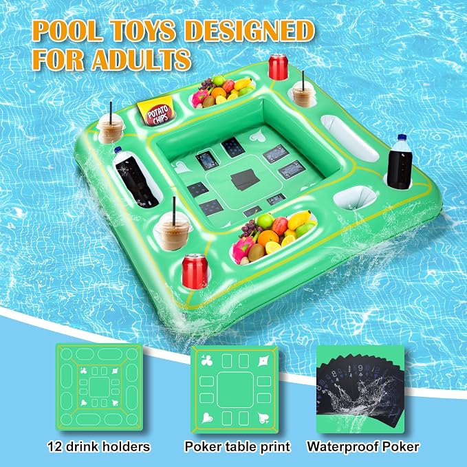 Kaiedos Floating Game Table for Pool - Inflatable Floating Table with Waterproof Playing Cards, 40"x40" Large Pool Float Drinks for Adults, Includes 12 Drink Holders (Green)