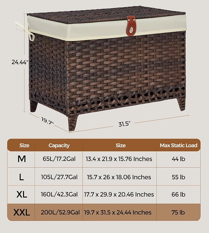 Wicker Storage Basket with Lid, 200L Storage Bin with Removable Liner Bag | Rattan-Inspired Shelf Basket Design, Storage Trunk with Heightened Feet, Wardrobe Storage Container & Home Organizer
