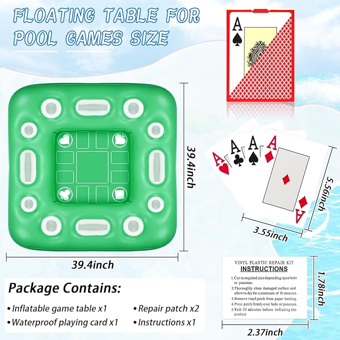 Floating Table for Pool Game, 40 x 40 in Floating Card Table for Pool with Food Drink Holders and Waterproof Playing Cards, Inflatable Floating Pool Table for Adults and Family Party (Green)