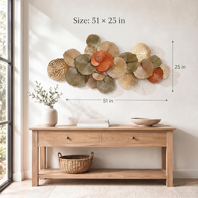 Axioglo 51" Large Wall Decor 3D Lotus Leaf Metal Wall Art for Living Room | 51" x 25" metal wall decor with layered metal texture, mounting hardware, two-way display