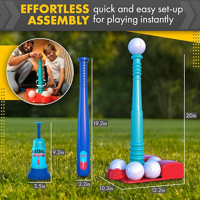 TOMLEON T Ball Stand for Kids and Toddlers 1-3, 3-5, 5-8. Baseball Set With 6 Large Balls, Adjustable Tball Batting Tee, and Pitching Machine. T-Ball Sets With Bat and Ball
