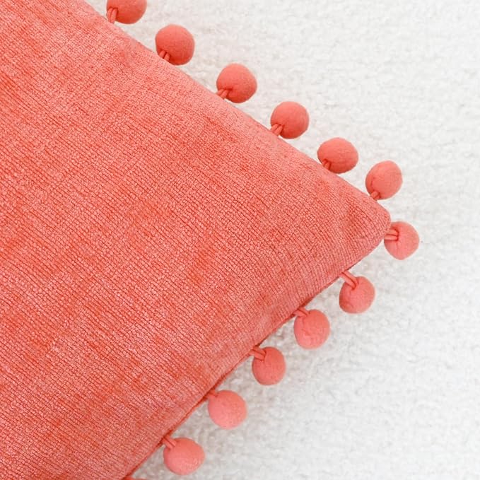 CaliTime Decorative Couch Throw Pillow Covers 22 X 22 Inches Living Coral | Pack of 2, Cozy Chenille Cushion Cases, with Pom Poms for Sofa Bed Living Room Farmhouse Home