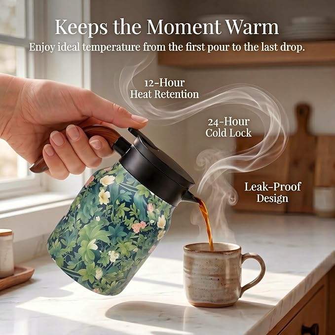 Insulated Stainless Steel Teapot, 35 Oz Vintage Floral Design with Removable Tea Infuser, 12Hr Hot & Cold Retention for Home Kitchen(Retro Floral Green)