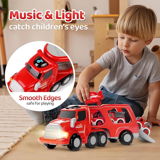 MindPal Fire Truck Toy for 3 4 5 6 7 Years Old Toddler Boys, 8-in-1 Fire Car Carrier Vehicle Set for Boys Age 3-5, Transport Car with Light & Sound, Kids Toys Cars Set for Birthday