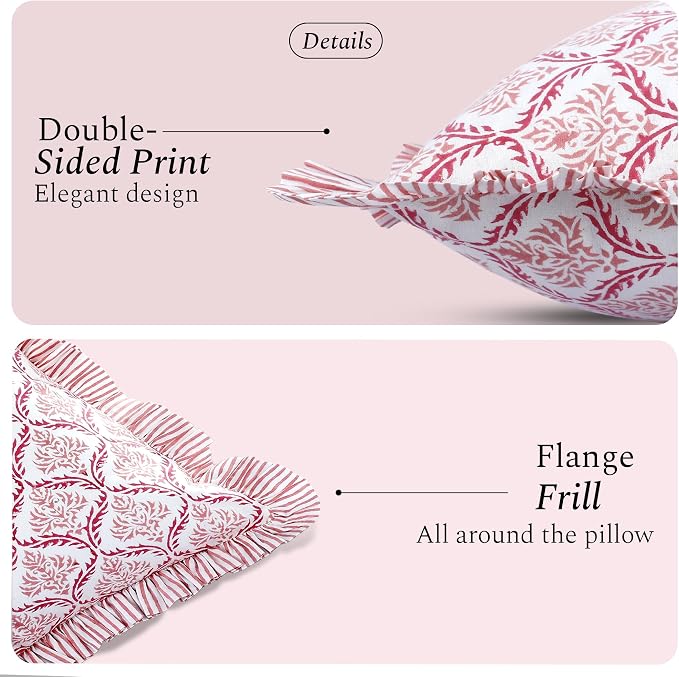 CPC Blush Rose Hand Block Print 100% Cotton Ruffle Throw Pillow Cover 18x18 inch with Hidden Zipper Decorative for Couch, Bed, Sofa, Farmhouse, Cottagecore Decor Gift Christmas Fall Thanksgiving
