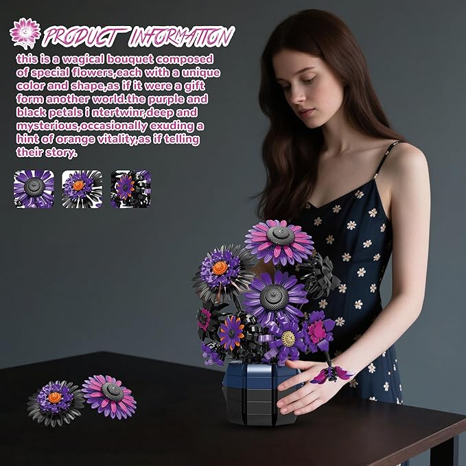 Sunflower Building Set Flowers Purple Art Compatible with Lego Botanical Collection for Adults Home Decor - 1009 Pcs
