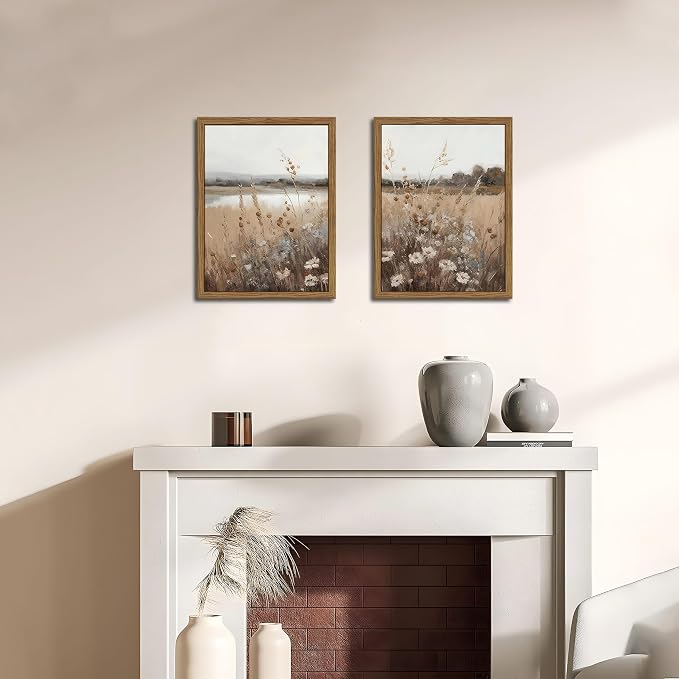 Framed Vintage Wildflower Wall Art Set of 2, Retro Country Floral Canvas Wall Decor Paintings, Farmhouse Field Landscape Posters Prints for Bedroom Bathroom Living Room Home Decor 16x24In Wood Frame