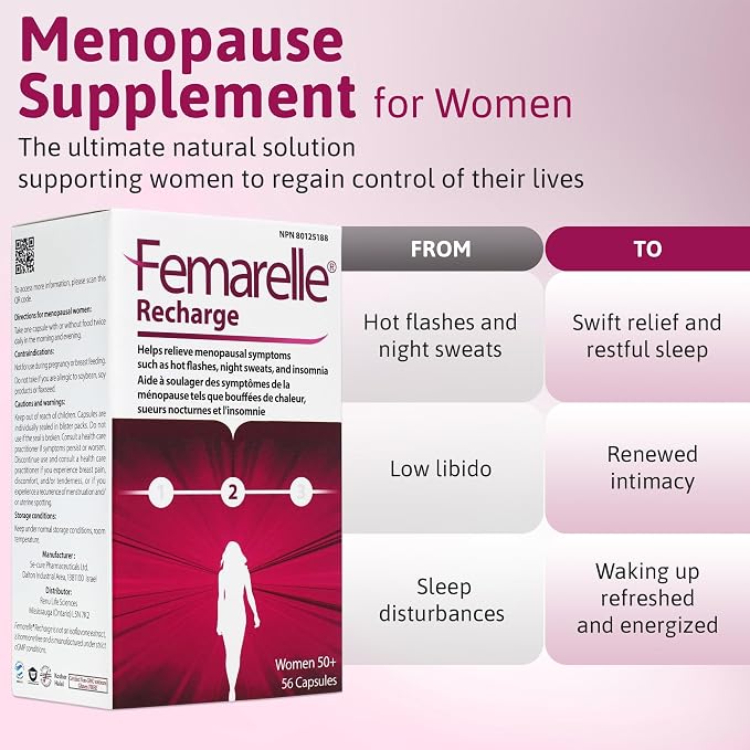 Femarelle® Recharge – Menopause Supplement for Women - Clinically Proven Menopause Relief - Hot Flashes, Night Sweats, Sleep & Libido Support Within 1st Month, Gluten-Free, GMO-Free & Hormone Free