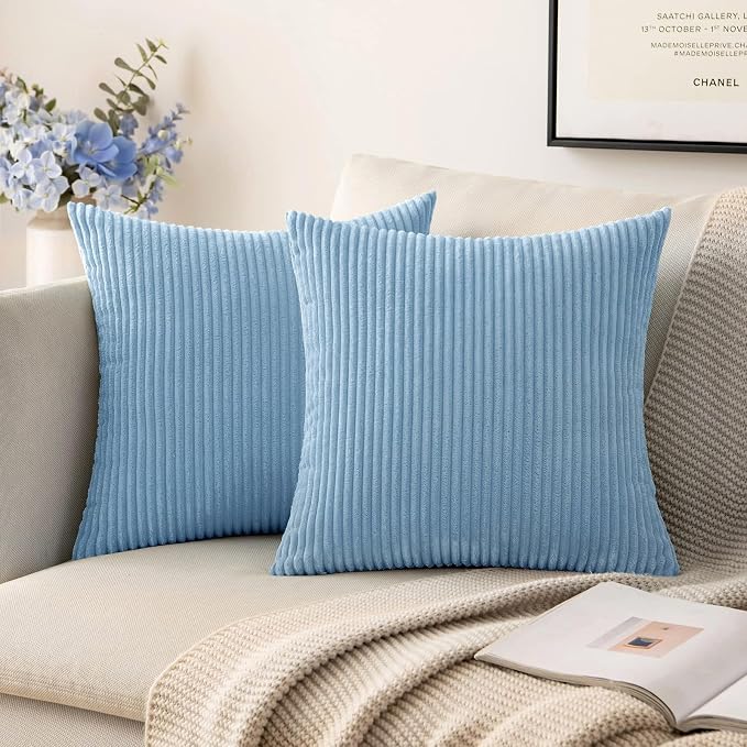 MIULEE Decorative Corduroy Throw Pillow Covers Set of 2 18x18 Light Blue | Soft Striped Textured Cushion Cases, Boho Energetic Vibe Pillowcases for Home Decor, for Couch Chair Sofa Bed Living Room
