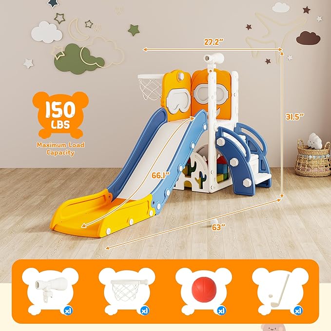 8-in-1 Toddler Slide, Indoor Slide for Toddlers Ages 1-3 and Indoor/Outdoor Play Set Playground with Storage, Climber, Telescope, Golf Set, Drawing Set, Basketball Hoop Bear Theme