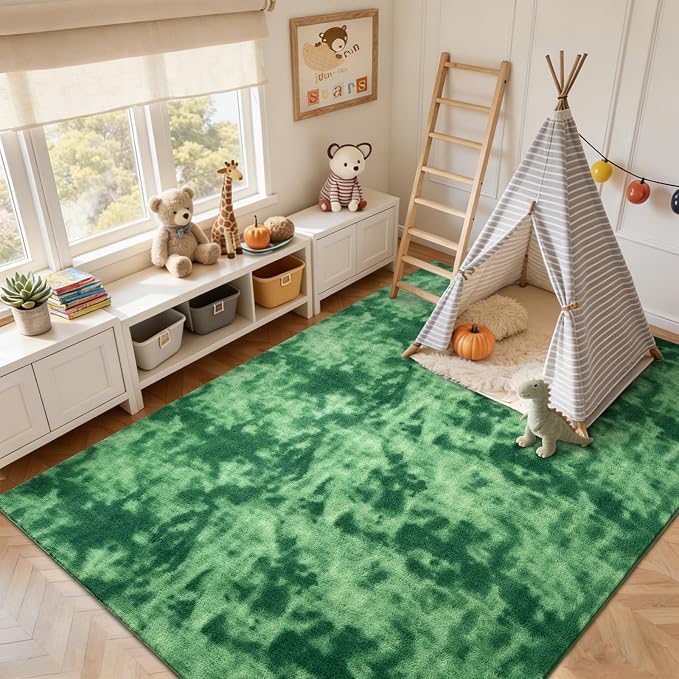 FinRèc 4x6 Washable Area Rugs for Bedroom Living Room, Low Pile Thin Ultra Soft Shag Rug, Non-Slip Carpet Indoor for Home Decor (Tie-dye Green)