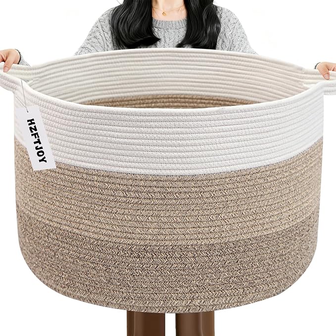 65L Large Blanket Basket,Woven Rope Laundry Basket-Mix Brown | Collapsible Nursery Storage Bin with Sturdy Handles, Organizes Clothes, Toys and Pillows for Living Room, Bedroom, Bathroom
