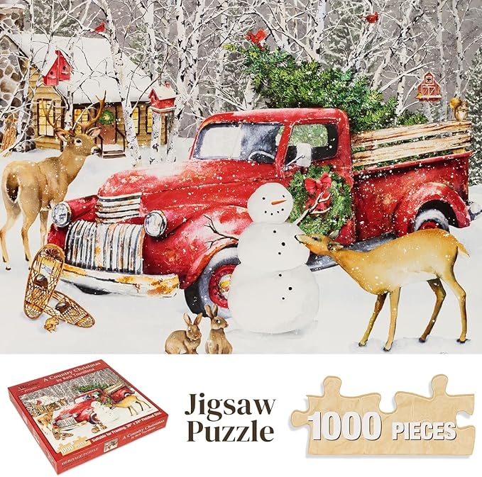 Heritage Puzzle – A Country Christmas by Barb Tourtillotte – 1000 Piece Puzzle for Adults – Cool and Challenging Winter Scene with Santa, Cabin and Snow - Large 30" x 24" Finished Size