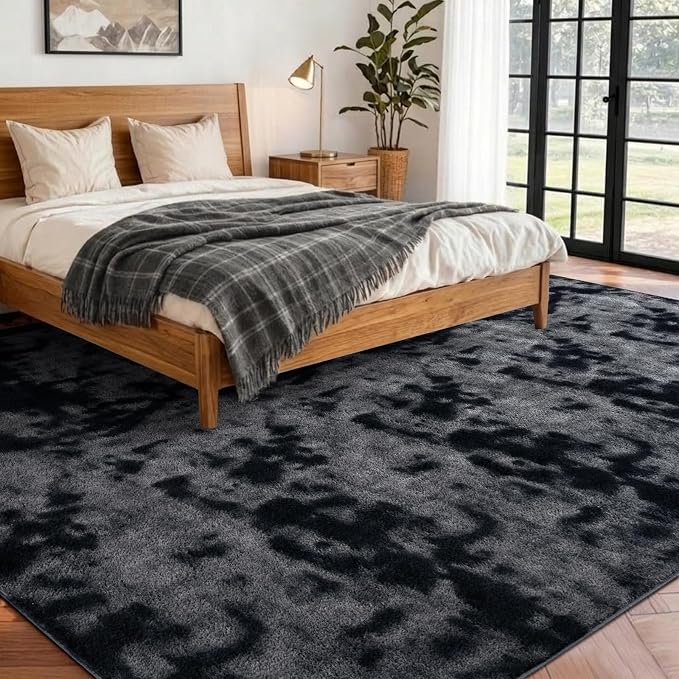 FinRèc 7x10 Washable Area Rugs for Bedroom Living Room, Low Pile Thin Ultra Soft Shag Rug, Non-Slip Carpet Indoor for Home Decor (Tie-dye Dark Grey)