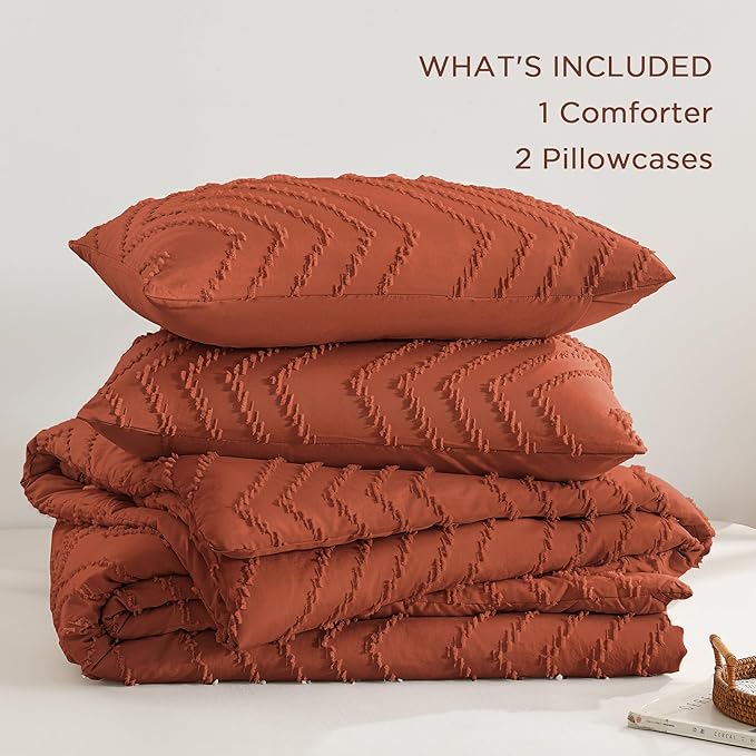 Andency Burnt Orange Oversized Super King Plus Comforter Set 128x120, Extra Large King Size Comforter Oversize Boho Soft Warm Bedding Comforter Sets, 3 Pieces Aesthetic Chevron Textured Bedding