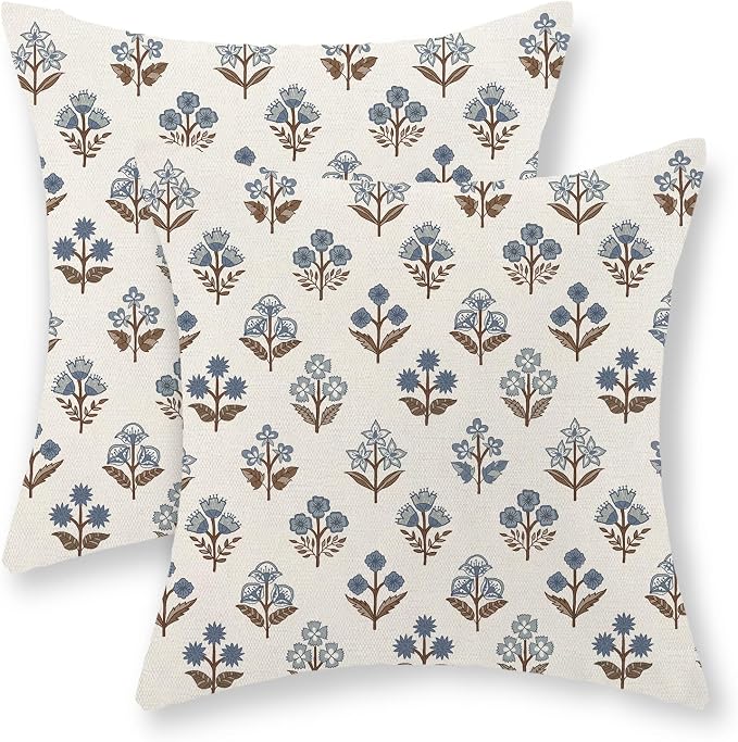 Brown Blue Pillow Covers 20x20 Inch Set of 2 Boho Block Print Floral Throw Pillows Vintage Flower Decorative Pillow Cases Outdoor Linen Farmhouse Cushion Cover for Couch Sofa Bed Decor