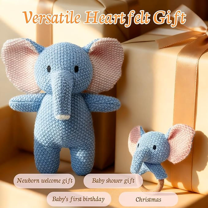 10" Crochet Elephant Stuffed Animal with Rattle, Pure Cotton Soft Crochet Doll Plush Toy for Newborn, Handmade First Birthday Gift