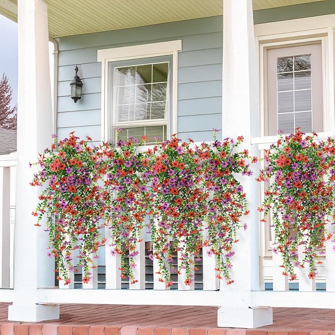 Artificial Hanging Flowers Plants for Outdoor Spring Summer Decoration | 2 PCS Faux Silk Daisy with Eucalyptus Leaves,UV Resistant Look Real for Outside Home Planter Porch Patio Balcony Yard Decor