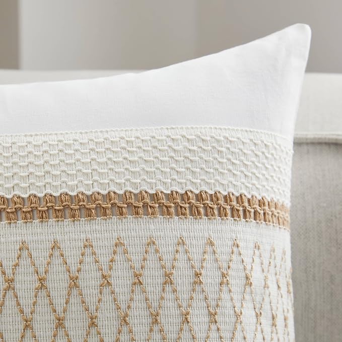 2pk Boho Pillow Covers 20x20, Natural White/Grid/Brown | 100% Organic Cotton Body, Stripe Embroidery, Farmhouse Decorative Cushion Covers for Sofa Bed Living Room Home Decor