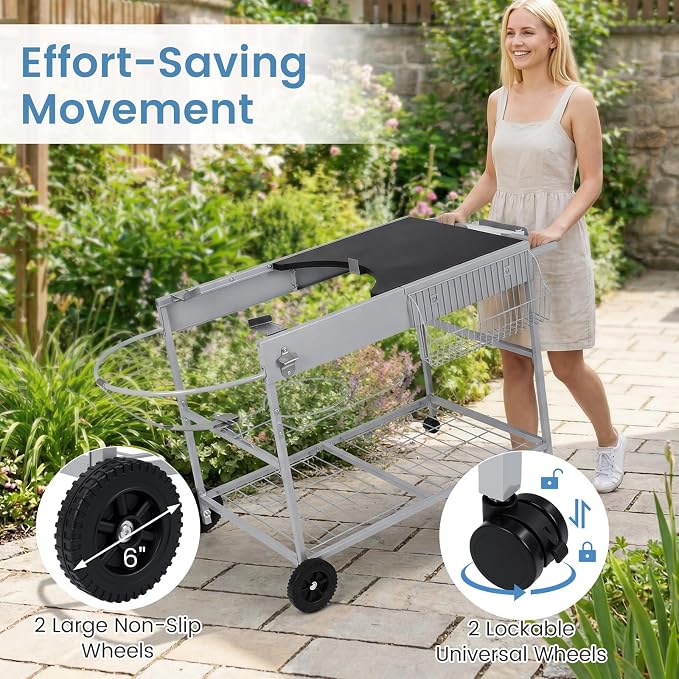 HAPPYGRILL Outdoor Grill Table w/Storage for 18”& 22” Weber Original Kettle | Movable BBQ Grill Cart with Wire Rack, Seasoning Rack & Garbage Can, Prep Kitchen Island for Backyard Camping Picnic