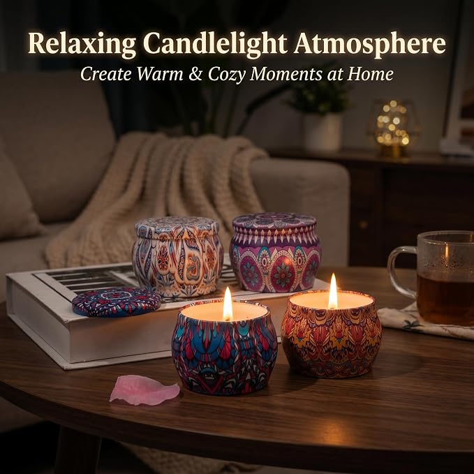 Topadorn 4 Pack Scented Candles Gift Set, Soy Wax Aromatherapy Candles in Decorative Boho Tins, Lavender Rose Vanilla Lemon Candle Gift Box for Women, Home Decor & Relaxation