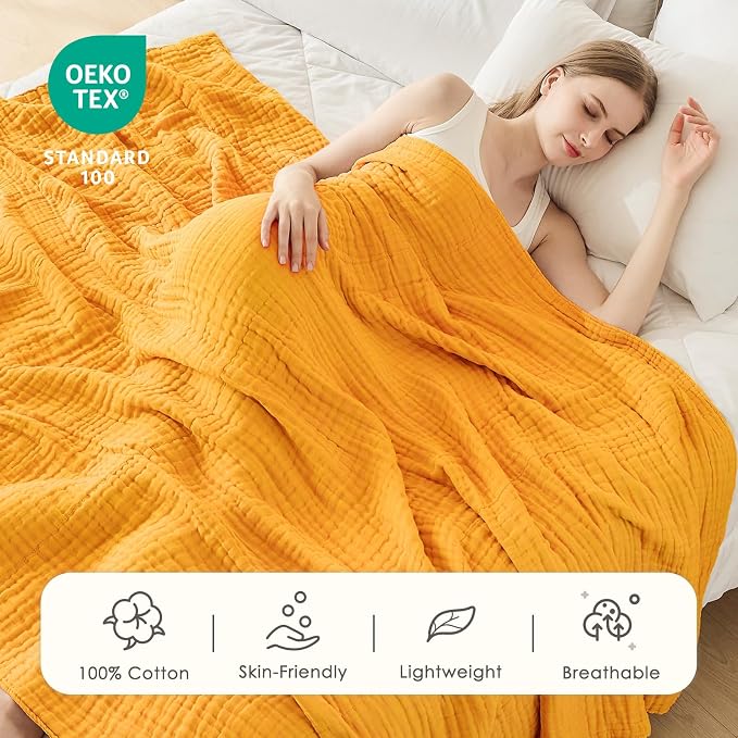 EMME Muslin Blankets for Adults Throw Blanket for Couch Breathable Gauze Soft Lightweight Airy Mustard Yellow Throw 50" x 60"