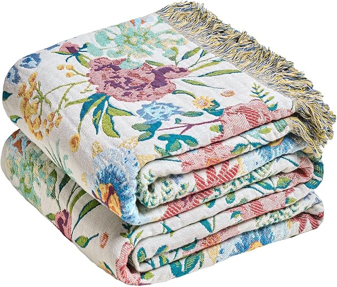 MSGKV Boho Throw Blanket 60"x80" Summer Cotton Orchid Blanket for Couch | Muslin Throw, Orchid Floral Pattern, Reversible Woven, Lightweight Comfort, Farmhouse Decor, All Seasons, Machine Washable