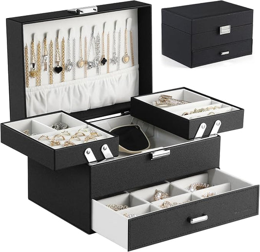 Jewelry Organizer Box, Large Jewelry Boxes for Women Girls, Space-Saving 3 Layers Jewelry Storage Case with Drawer, Movable Metal Stand, Modern, Gift Idea (Black)