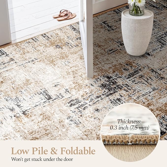 Rugflix 8x10 Area Rugs for Living Room, Washable Brown Grey Large Rug | Machine Washable; Stain-Resistant; Low Pile; Non-Slip; Modern Abstract; Carpet for Bedroom Dining Office Nursery Home