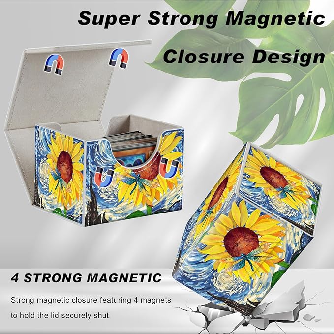 DEGDFSGR Card Game Storage Box for TCG MTG Commander Deck Box Organizer Trading Card Case Magnetic Closure Creative Pattern Up to 200 Cards, Sunflower Dragonfly