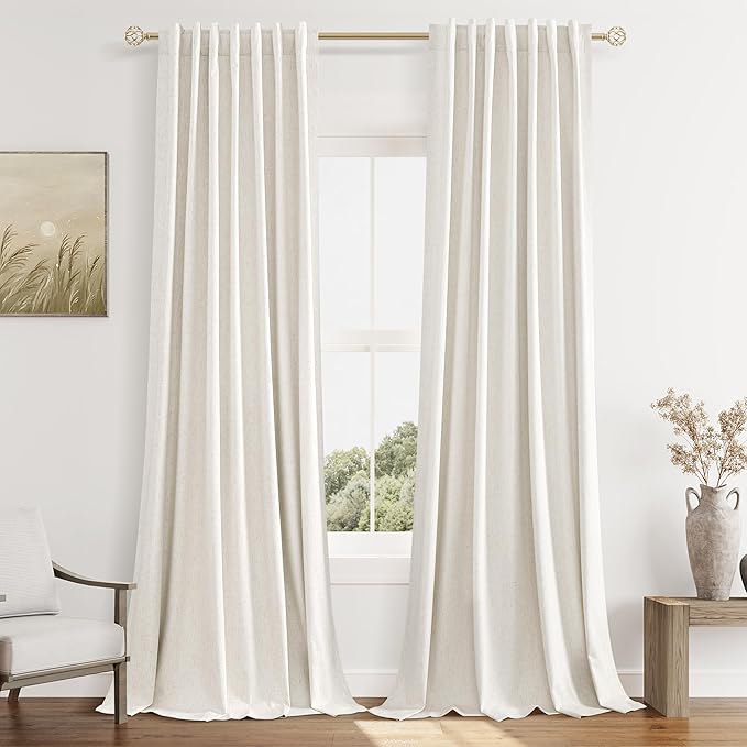 Beige White 100% Blackout Linen Curtains 104 Inch Length 2 Panels Set for Living Room Bedroom Back Tab Thermal Insulated Black Out Drapes Room Darkening Farmhouse Style for Bedroom Window Curtains