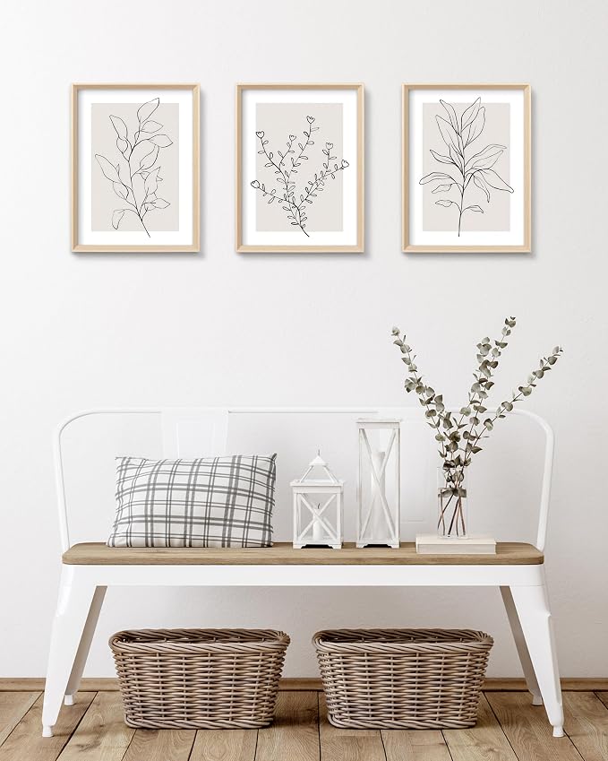 HesenDot Minimalist Botanical Framed Wall Art, Line Drawing Canvas Prints | 12x16IN Set of 3, High Framed Design Prints, Neutral Plant Artwork Wall Decor for Living Room Bedroom Bathroom Office