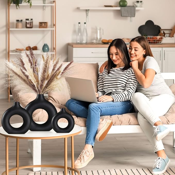 Black Ceramic Vases -for Modern Home Decor,Black Round Vase Set 3 Matte Design Minimalist Nordic Boho Style for Wedding Dinner Table Living Room Office Bedroom, Decorative Gift
