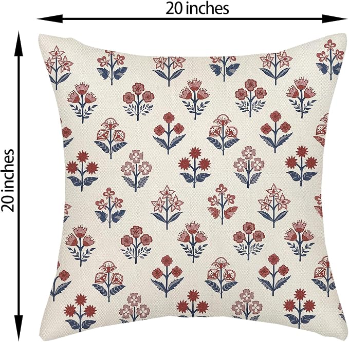 Red Blue Pillow Covers 20x20 Inch Set of 2 Patriotic 4th of July Throw Pillows Vintage Flower Boho Block Print Floral Decorative Pillow Cases Outdoor Linen Cushion Cover for Couch Sofa Decor