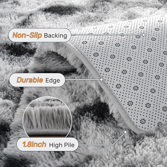 5x7 Ft Large Shag Rug for Living Room Bedroom,Tie-Dyed Ultra Soft Fluffy Furry Area Rug Kids Nursery Office, Aesthetic Carpet for Indoor Floor Home Decor (Black White)