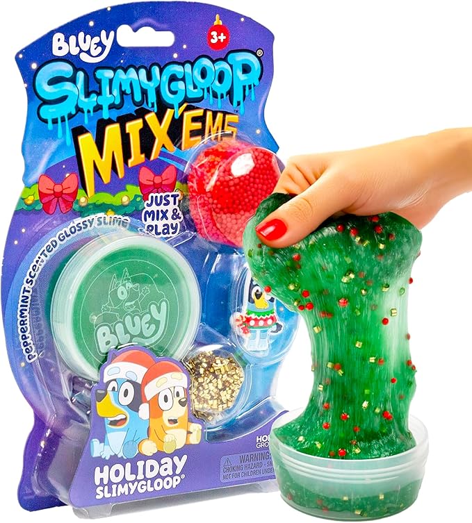 Bluey Holiday SLIMYGLOOP Mix’EMS, Peppermint-Scented Glossy Slime, 3 Fun Slime Add Ins, Bingsu Beads, Mini Foam Balls, Collectible Rubber Charm, Fun Stocking Stuffers, Gifts for Kids, Sensory Toys