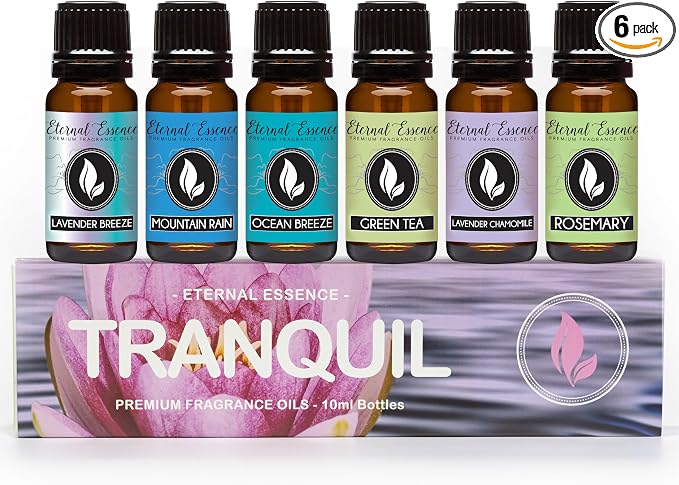 Eternal Essence Oils Tranquil Set of 6 Premium Fragrance Oils - Includes Lavender Breeze, Mountain Rain, Ocean Breeze, Lavender Chamomile, Green Tea, and Rosemary Scented Oils - 10ML