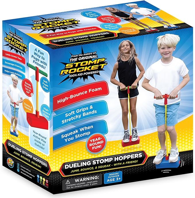 Dueling Stomp Hopper Pogo Stick - Jump, Bounce & Squeak Foam POGO Jumper for Kids - Toddler Pogo Stick with Soft Grips & Stretchy Bands - STEM Indoor & Outdoor Toys for 3-5 Year Olds