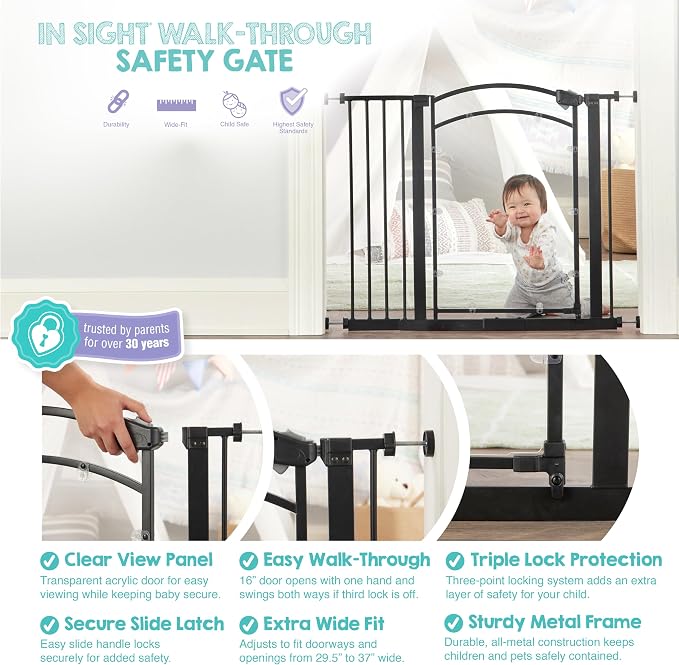 Regalo Safety 29.5–37” Clear Walk Through Baby Gate for Doorways & Bottom of Stairs, Pressure Mounted Baby Gate with Door for Toddlers & Pets, Tested & Trusted, American Designed, Family Owned