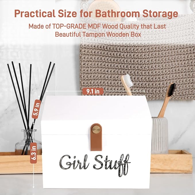 Wooden Girl Stuff Tampon Holder Box with Lid and Copper Leather Pull, Modern Bathroom Decorative Box for Feminine Product Storage and Accessories such as Tampons, Cotton Balls, Wipes, Gifts for Women