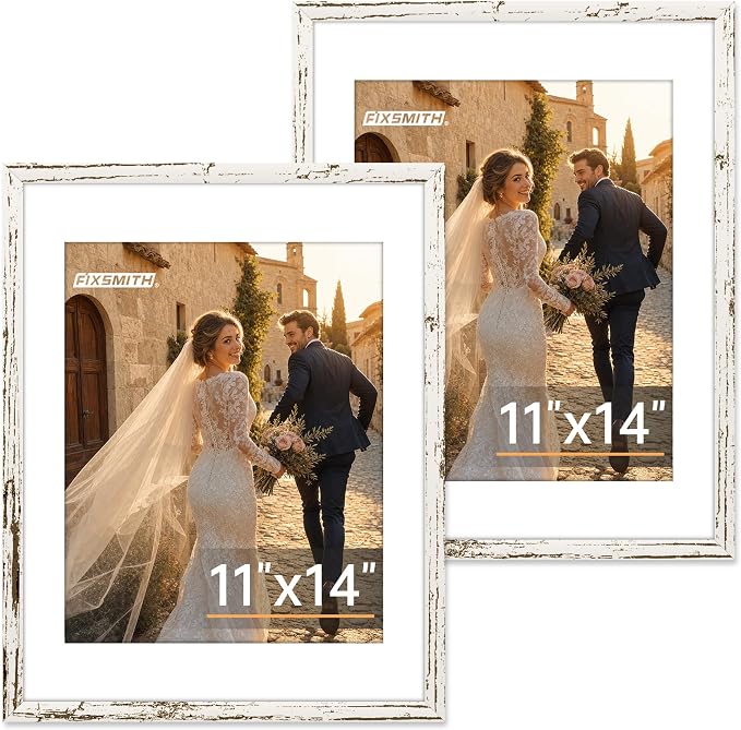 FIXSMITH 11x14 Picture Frame 2 Pack, Distressed White Photo Frame with HD Plexiglass, Display Pictures 8x10 with Mat or 11x14 Without Mat, Distressed White Picture Frames Collage Wall Decor, Gallary Wall Frame