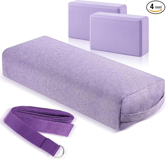 4 Pcs Yoga Bolster Pillows Blocks with Strap Set Comfortable Meditation Pillow with Carry Handle for Restorative Non Slip Reusable Yoga Blocks for Balance, Pilates, Washable Cover