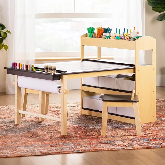 Guidecraft Deluxe Art Center: Kids Arts and Crafts Table and Chairs Set with Storage Shelves, Bins, Paper Roll for Drawing and Painting | Wooden Art Desk for Kids Playroom | Toddler Activity Table
