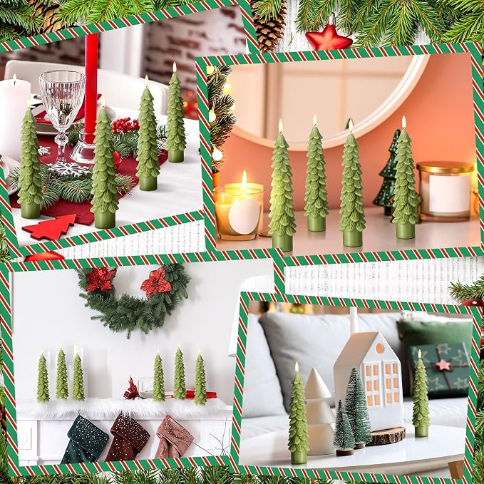 Conelist 6 Pcs Christmas Tree Candles Christmas Tree Shaped Taper Candles Decorative Xmas Wax Scented Candlesticks for Xmas Eve Winter Holiday Home Table Decoration Gift(Light Green,5 Inch Style)